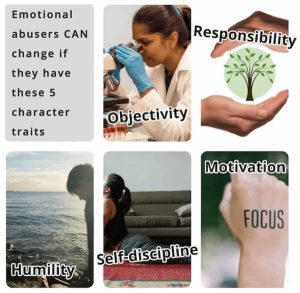 emotional abusers can change if they have these five charter traits objectivity responsibility humility self-discipline motivation
