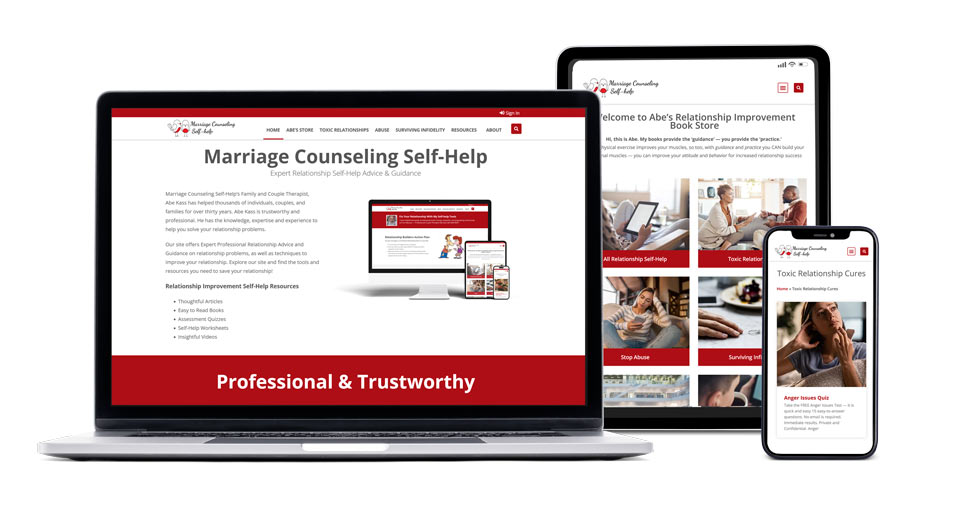 relationship self-help desktop, tablet and hand held image with showing screens from site